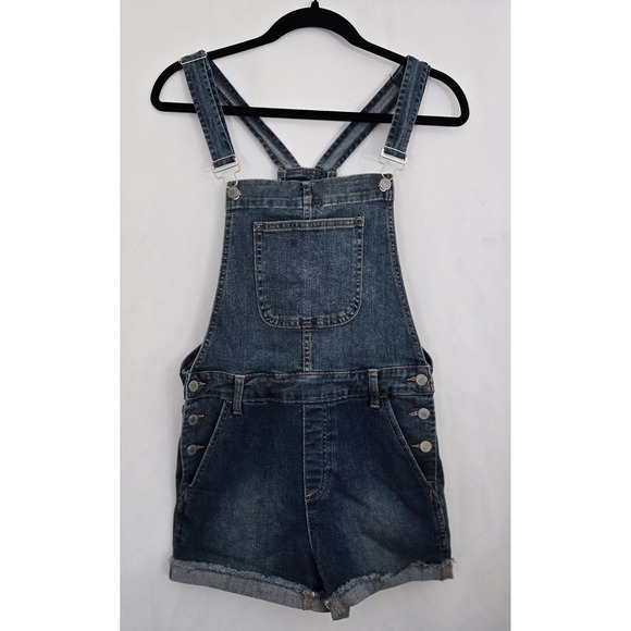 JustUSA Denim Overall Shorts Women's L Dark Wash Frayed Hem Jean Romper - Picture 1 of 9